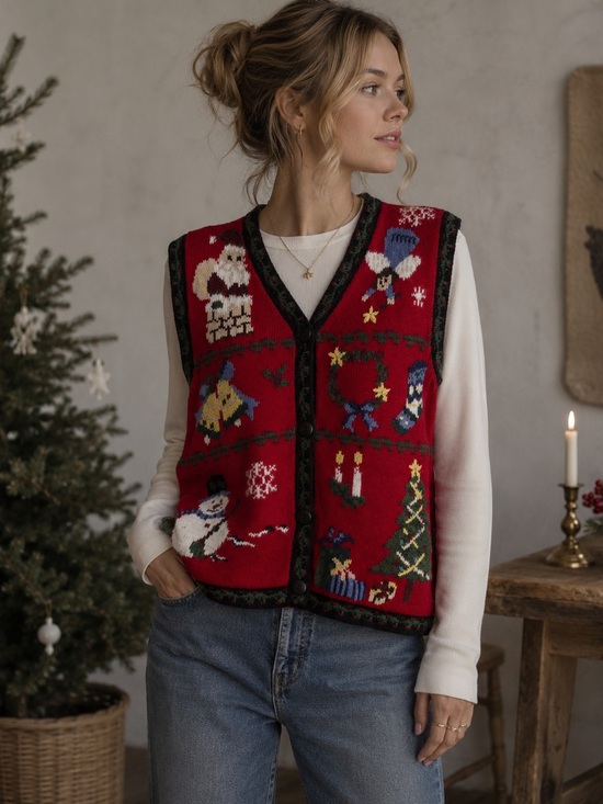 cleo Jackets & Blazers - Vintage Cleo Christmas Sweater Vest Red Small Holiday Knit Ugly Christmas